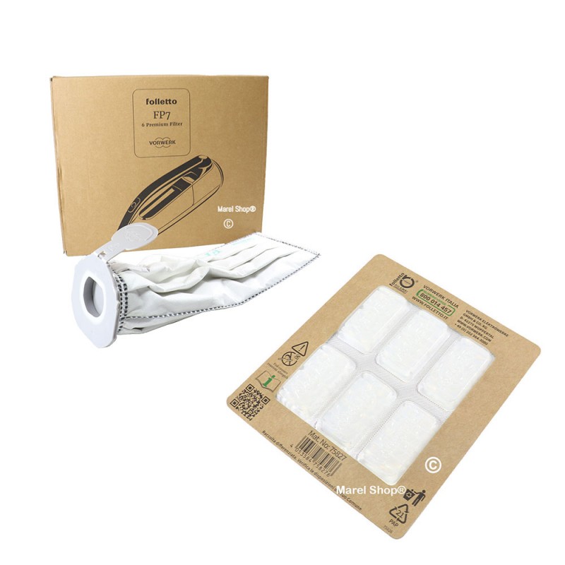 Confezione 6 Sacchetti + Profumatori FP7 Originali per Folletto VK7 Premium Filter 02139
